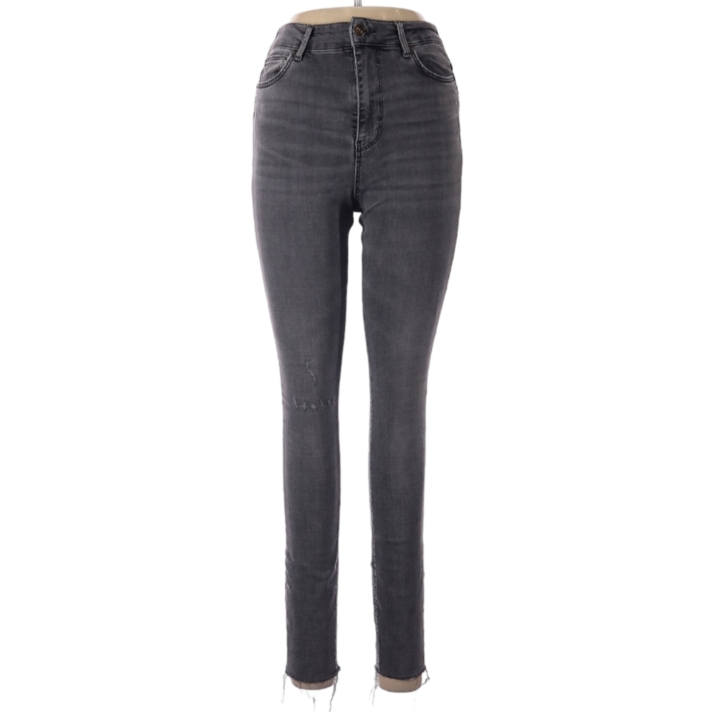 Zara The High Waist Skinny Jeans Size 6 Lead Grey‎ Whiskering Raw Hem Stretch